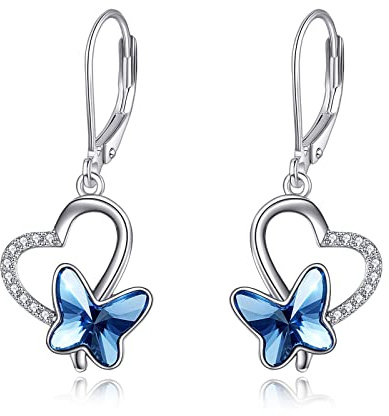 AOBOCO Schmetterling Ohrringe Damen 925 Sterling Silber Leverback Herz Ohrringe Baumeln Tropfen mit Kristall aus Österreich Geburtstags Schmuck Geschenke für Frauen Mädchen Frau Freundin