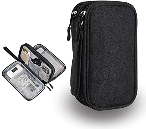 ACONDE Elektronisk väska organisatör, kabelväska, dubbla lager, universell, elektroniska tillbehör, för mobiltelefon, laddare, powerbank, svart, 21 x 12,5 x 6 cm, resväska