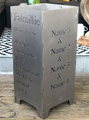 EXTRAVAGANT® Feuertonne, Feuerstelle, Feuerkorb, Feuersäule PERSONALISIERT für den Garten, Terrasse, Stahl, Rostoptik, Unikat, Edelrost, Geschenk Familie Definiton