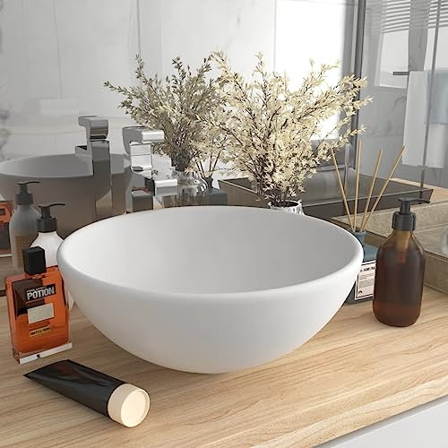 HIGSOSE Lavandino Lusso Rotondo Bianco Opaco 32,5x14 cm in Ceramica Lavatoio Ceramica Lavatoio da Esterno Arredo Bagno Lavabo da Esterno Lavabo da Appoggio Lavandino da Appoggio Lavabo Appoggio