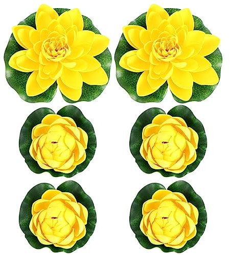 6piezas Plantas Artificiales De Lirios De Agua para Decoración De Jardines y Hogares Lirios Medianos y Color Amarillo