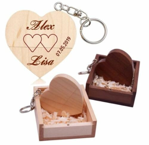 Personalisierte USB-Stick + Geschenkbox aus Holz massiv mit Gravur Wunschtext Herz Liebe Hochzeit Wunschgravur Speicherstick Flash Drive 32/64/128 GB 3.0 Geschenkidee individuell (Nussbaum, 32GB 3.0)