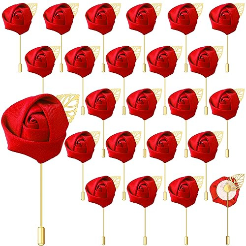 Zeyune 24 Pcs Boutonniere Rose Boutonniere Wedding Buttonholes Pocket for Men Wedding for Prom Party(Red)
