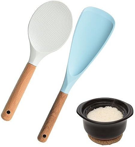 Faderr Reislöffel-Set, 1 x Reislöffel und 1 x Reisspatel, Silikon und Holz, hitzebeständig, antihaftbeschichtet, Weiß und Blau