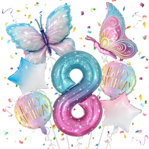 8 Jahre Schmetterling Geburtstag Deko, Schmetterling Folienballon 8 Jahre | Bunt Schmetterlinge Geburtstagsdeko, Geburtstagsdeko Rosa, für 8. Geburtstag Mädchen Deko