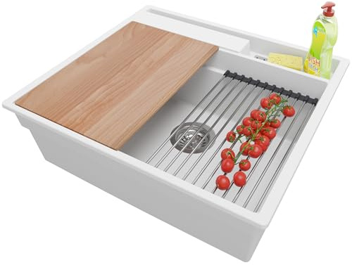 PRIMAGRAN Evier Cuisine en Granit au Meuble 60cm + Kit de Vidage, 58x53cm | Set: Kit de Vidage (Siphon, bonde d’évacuation, trop-plein) + Lavabo 1 Bac - Oslo, Blanc