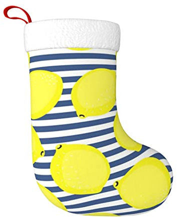 TRESILA Personalisierbarer Weihnachtsstrumpf Nikolausstrümpfe, Geschenktüten, Süßigkeitenbeutel, Weihnachtsbaum, zum Aufhängen für Weihnachten, Feiertagsparty, Blau gestreift und Zitrone