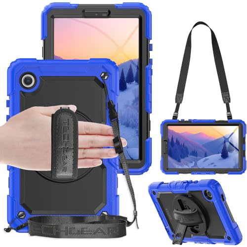TECHGEAR UTILITY Case fits Samsung Galaxy Tab A9 8.7 (SM-X110 / SM-X115) Tough Rugged HEAVY DUTY Armour Shockproof Impact Case with 360 Rotating Stand, Hand Strap and Shoulder Strap - Blue