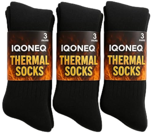 IQONEQ Thick Thermal Winter Socks - Pack of 3 Pairs - Warm, Insulated - For Men, Women and Kids - Adult Size 6-11 UK, Black, One Size