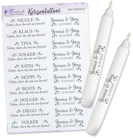 FEENSTAUB Kerzentattoos Hochzeit, personalisierte Kerzen gestalten, Gastgeschenk Kerze Hochzeit, Kerzenfolie für Stabkerzen, Eukalyptus Tischdeko, Hochzeitsdeko mit Namen der Gäste, Namenskärtchen