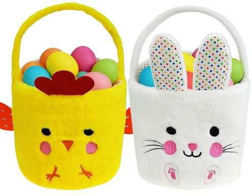 DearSun 2 Pcs Easter Basket Bunny & Chick Plush Baskets Dia 8 * H 15.7, Easter Egg Hunting Basket for Kids Gifts Party Decoration Supplies