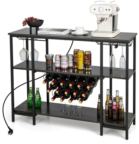 COSTWAY Vinställ med glashållare och hyllor, flaskhylla i 3 nivåer med uttag för 15 vinflaskor, industriellt och fristående vinskåp för hem, kök, bar, 113 x 35 x 85 cm (grå)
