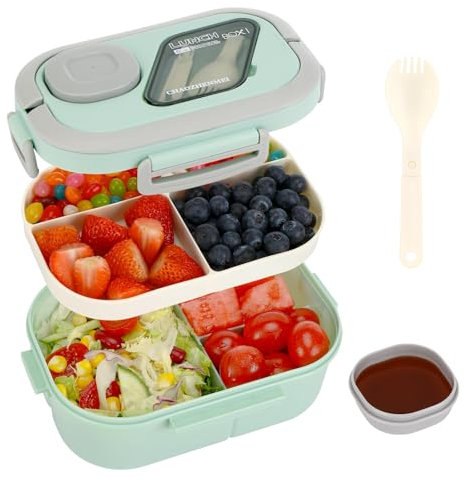 Kasanni Fiambrera, lunch box, bento box, Fiambrera con Compartimentos para Adultos y Niños, Fiambrera Bento para Escuela, Trabajo, Pícnic, Viajes, para microondas (Verde)