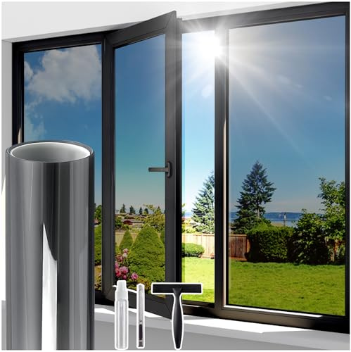 Windimiley Fensterfolie Sonnenschutz Spiegelfolie Fenster Sichtschutz, Blickdicht von Aussen Sonnenschutzfolie 60x200cm, Selbsthaftend UV-Schutz Hitzeschutz Wärmeschutzfolie für Büro Schwarz-Silber