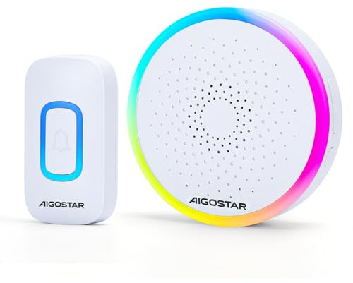 Aigostar campanello senza fili, Campanello Wireless Impermeabile IP55 da Esterno, Campanello Wireless RGB, Portata 150M, 5 Livelli Volume 60 Melodie, Bianco