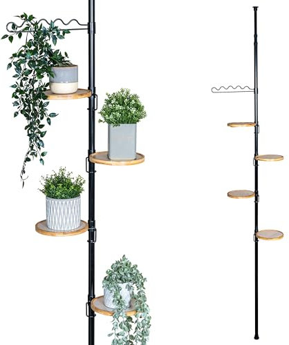 bremermann Mensola telescopica per fiori 4 ripiani in bambù e supporto per la salita, versatile per l'uso in soggiorno, bagno o cucina - altezza di installazione variabile da 140 a 290 cm, nero