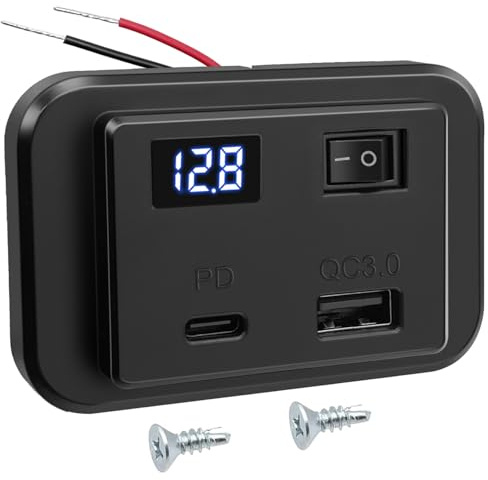 Hoembpn 12V Dual USB C Car Charger Socket Panel with Switch and LED Voltmeter 40W PD2.0+QC3.0,DC12V-26V USB Power Outlet Outdoor Quick Charge Adapter for Campervan Boat Truck Marine Accessories
