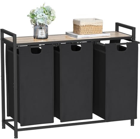 AMHANCIBLE Wäschekorb 3 Fächer, Wäschesammler mit Ablage, Wäschebox, Wäschesack aus Oxford-Gewebe ausziehbar abnehmbar, 38 L x 3, Stahlrahmen und obere Ablage, 92 x 30 x72cm, Grau EHLS03GY