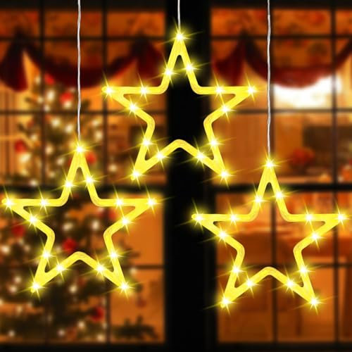 YIFMOO Harz LED Sterne Weihnachtsbeleuchtung, 3 Stück 30LED Weihnachtsdeko Fenster Leuchtstern mit Timer, Weihnachtsstern Lichter Batteriebetriebene Innen/Außen für Weihnachten Balkon Party Hochzeit