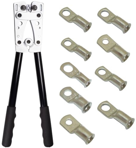 KafTon Battery Cable Crimping Tool Hand Plier 6-50mm² from AWG 1/0-8 with 60PCS Copper Ring Terminals 8 Sizes Battery Cable Lug Crimper for Heavy Duty Wire Lugs, Battery Terminal, Copper Lugs