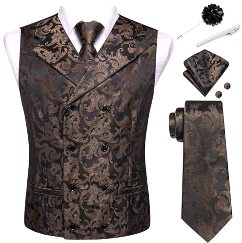 Hi-Tie Herren-Seide, zweireihig, Krawatte, vorgebundene Fliege, Anstecknadel und Taschentuch, Manschettenknöpfe, Hochzeit, Business, Smoking, Dunkelbraunes Blumenmuster, Medium