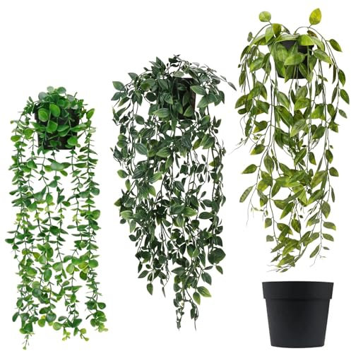 3 Pack Artificial Hanging Plants, Fake Plants, Fake Ivy Potted Outdoor Artificial Vines, Indoor Artificial Plants Imitation Fake Ivy Decoration for Bedroom Decor Home Decor Garden Wall Indoor Outdoor