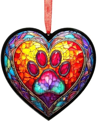 Paw Print Stained Glass Effect Heart Suncatcher - Garden Gift - Dog Gift - Pet Memorial (13cm)