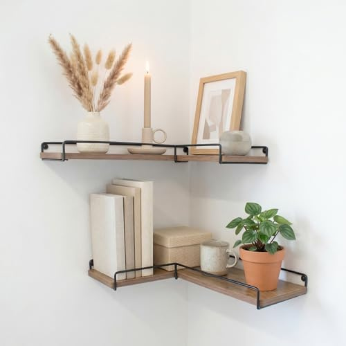 Kyto Eckregal 2er-Set L-förmige Wandregale aus Holz & schwarzem Metall - Spiegelsymmetrische Hängeregale für Ecken (Links/rechts), platzsparende Ecklösung für Bücher, Pflanzen & Deko