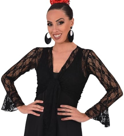 Boléro Torera Top Croisé Flamenco Tissu Élastique Manches Longues avec Deux Volants, dentelle noire, S Pequeño