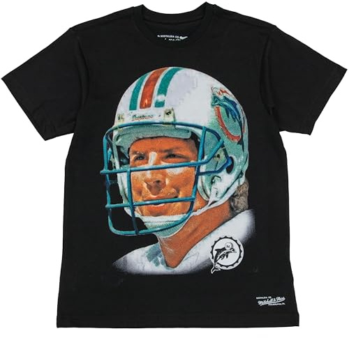 Mitchell & Ness NFL Player Big Face kortärmad T-shirt – svart, 100 % bomull, män, kvinnor, barn, unisex, vår, sommar, höst, vinter, amerikansk fotboll, amerikansk sport, Miami Dolfins – Dan Marino, XL