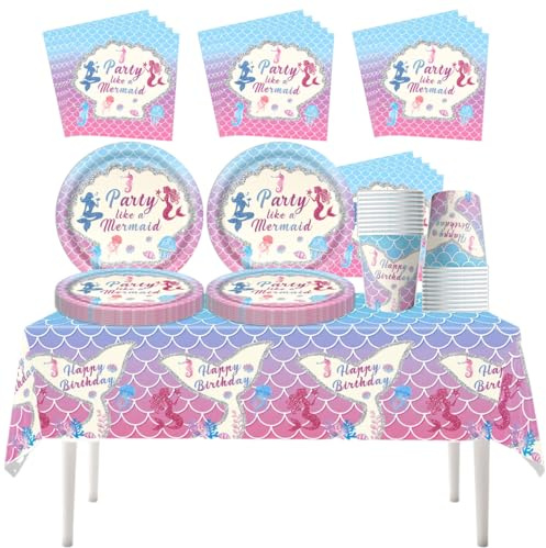 Fuwraixis Mermaid Party Tableware, 61 Pieces Fishtail Birthday Tableware, Children's Party Paper Plates Set, Fish Scale Party Decoration, Suitable for Anniversaries, Baby Christenings