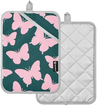 Set di presine da cucina alla moda verde scuro rosa farfalla presine per cucina con tasche pastiglie forno confezione da 2