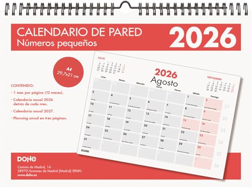 Dohe - Calendario Pared 2026-12 Meses Enero a Diciembre, Mes Vista, A4 (29,7x21 cm), Espiral Doble, Idioma Español, Números Pequeños, Espacio para Notas, Planning del Año, Papel Grueso 120 gr/m²