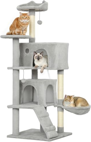 PawHut Kratzbaum mit 2 Höhlen Korb für 1-3 Katzen 140 cm hoch Hellgrau | Katzenbaum, Hängematte, 2 Bällen, Katzenbett mit Katzenmuster, Katzenkratzbaum mit Sisal-Stämmen, Plüsch, unter 5 kg