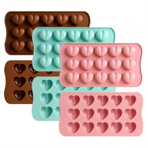 3PCS Heart Silicone Moulds Set - 15-Cavity Heart Shape Chocolate Molds, Non-Stick Reusable Baking Moulds for Chocolate, Candy, Wax Melts, Ice Cube Trays in 3 Colors (Chocolate, Green, Pink) RARITYLL