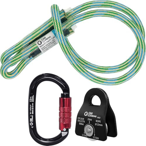 GM CLIMBING Hitch Slack Tending Pulley Kit for Double Rope Climbing System Basic Unit of General Hauling, Black Micro Prusik Minding Pulley, Twist Lock Oval Carabiner, Kevlar & Polyester Hitch Cord