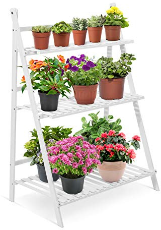 GOTOTOP Étagère de Jardin en Bambou Échelle à Fleurs 3 Niveaux Pliable Escalier de Rangement pour Plantes, 70 x 40 x 96cm (Blanc)