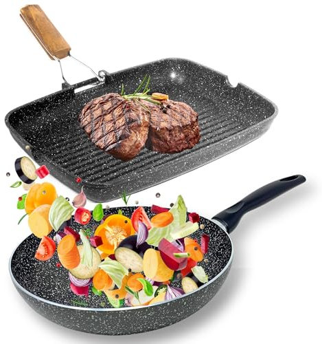 NAMAI - Bistecchiera Pietra 36 cm x 24 cm + 28 cm Padella Wok Antiaderente - Adatte in Lavastoviglie - Padella Antiaderente 28 cm - Alluminio Pressofuso - Made in Italy