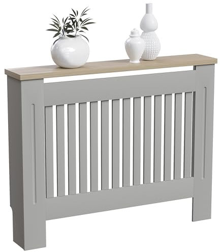 Vida Designs Arlington Heizkörperabdeckung, modern, grau lackiert, MDF-Schrank, Lamellen, Rillen, oberes Regal aus Holz, mittelgroß