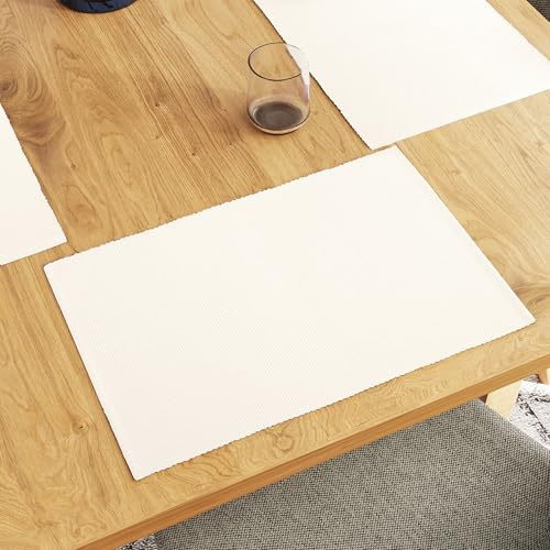 Encasa XO Juego de Manteles Individuales para Mesa de Comedor Set de 6 | Color Sólido de Blanco | Mantel de Algodón Acanalado Fino | Tamaño 48x32 cm | Lavable a Máquina