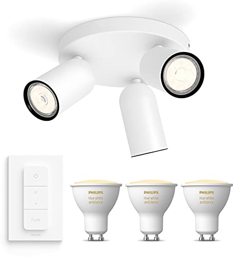 Philips Hue Pongee Aufbaustrahler (Weiß) - Warm bis Kaltweißes Licht - inkl. Hue Dimmschalter - Deckenstrahler 3 Flammig - GU10 - Hue White Ambiance