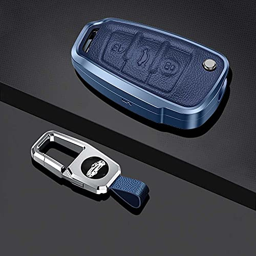 HIBEYO Smart Autoschlüssel Hülle passt für Audi Schutzhülle Schlüsselhülle Cover für A1 A3 A4 A6 Q3 Q5 Q7 S3 R8 TT Seat 3-Tasten Schlüsselbox Schlüsselanhänger Leder Aluminiumlegierung-Blau