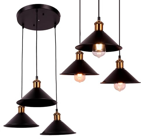 FIRVRE Hängelampe Vintage 3-Flammig, Runde Kronleuchter Klein Schwarz Gold, Pendelleuchte Höhenverstellbar für Wohnzimmer Küche Esstisch