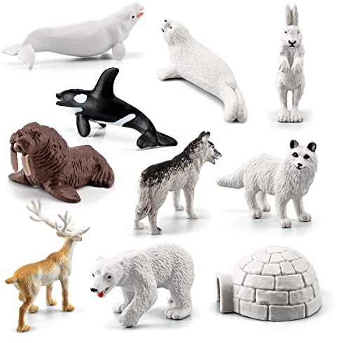 Morofme Arktische Tiere-Figur 10 Stück, Polartiere Spielzeug Set, Einschließlich Eisbären, Schneefüchsen, Weißen Walen, Haie, Elchen, Iglues usw für Dekor Sammeln Ornamente Geschenk