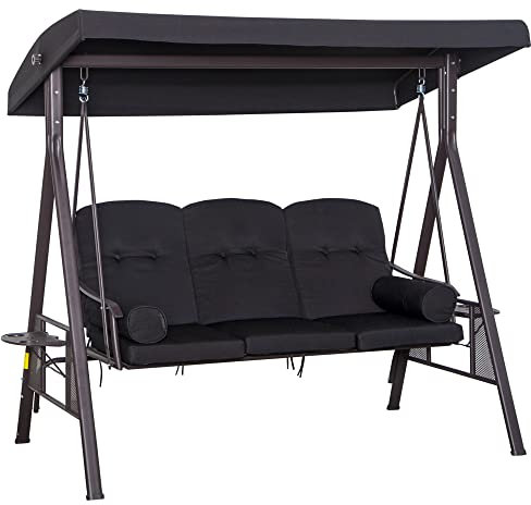 Outsunny 3-Sitzer Hollywoodschaukel Gartenschaukel mit Sonnendach Kissen Metall Polyester Schwarz 116 x 206 x 183 cm