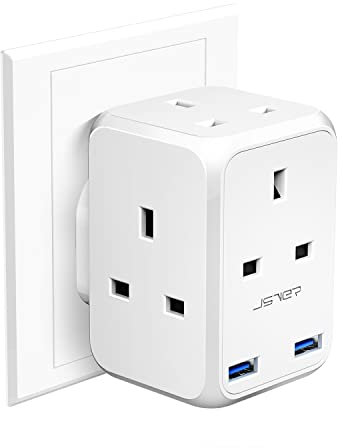4 Way Plug Adapter USB, JSVER Multi Plug Extension UK with 2 USB Ports 13A Multiplug Socket Adapter for Phone,Tablet White