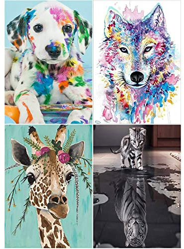 Gemi Diamond Painting Set, 5D Diamant Painting Bilder Erwachsene Kinder, 4 Pack DIY Diamond painting Wolf, Giraffe, Hund, Katze werden zu Tigern für Home Wand Décor (30x40cm)