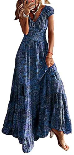 ABYOVRT Robe Maxi D'été pour Femme Bohème Robe de Vacances Col V à Fleur Manches Courtes Robe de Soiree Party Plage(Bleu,S)