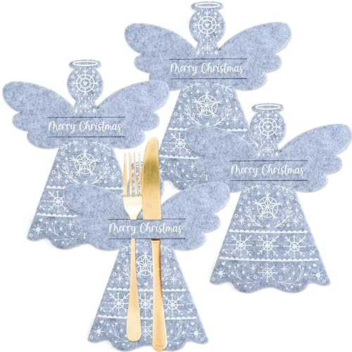 Papierdrachen Besteckhalter Weihnachten 2025 - aus Filz - Grau - Engel-Motiv - 4 Stück - hochwertiger Druck - edle & Festliche Tischdeko