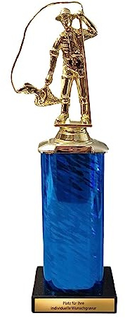 XL Angler Pokal Trophäe Award - Goldfisch Angel Trophy - 31,5 cm Gold | Hochwertiger Kunststoff-Award auf blauer Säule mit Gravuroption, ideal als Geschenk für Turniere oder Vereinsfeiern.